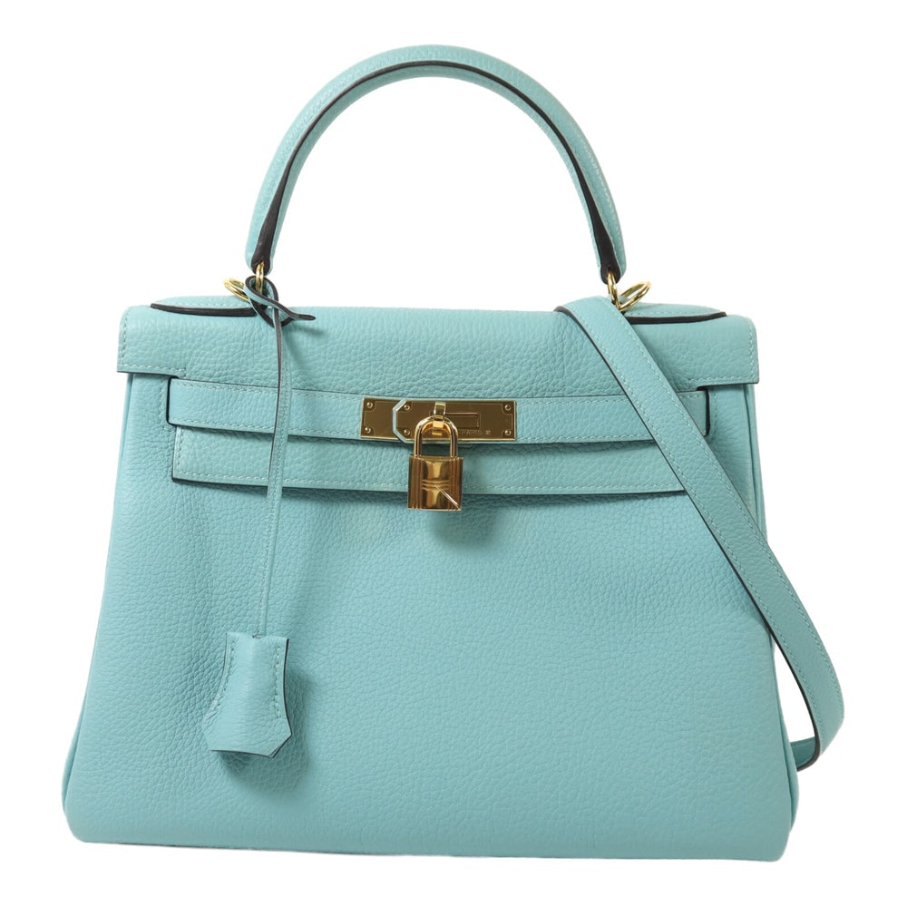 Hermes Kelly 28 Bleu Atoll: Bleu Atoll Togo leather 2-way shoulder bag with gold-tone hardware.