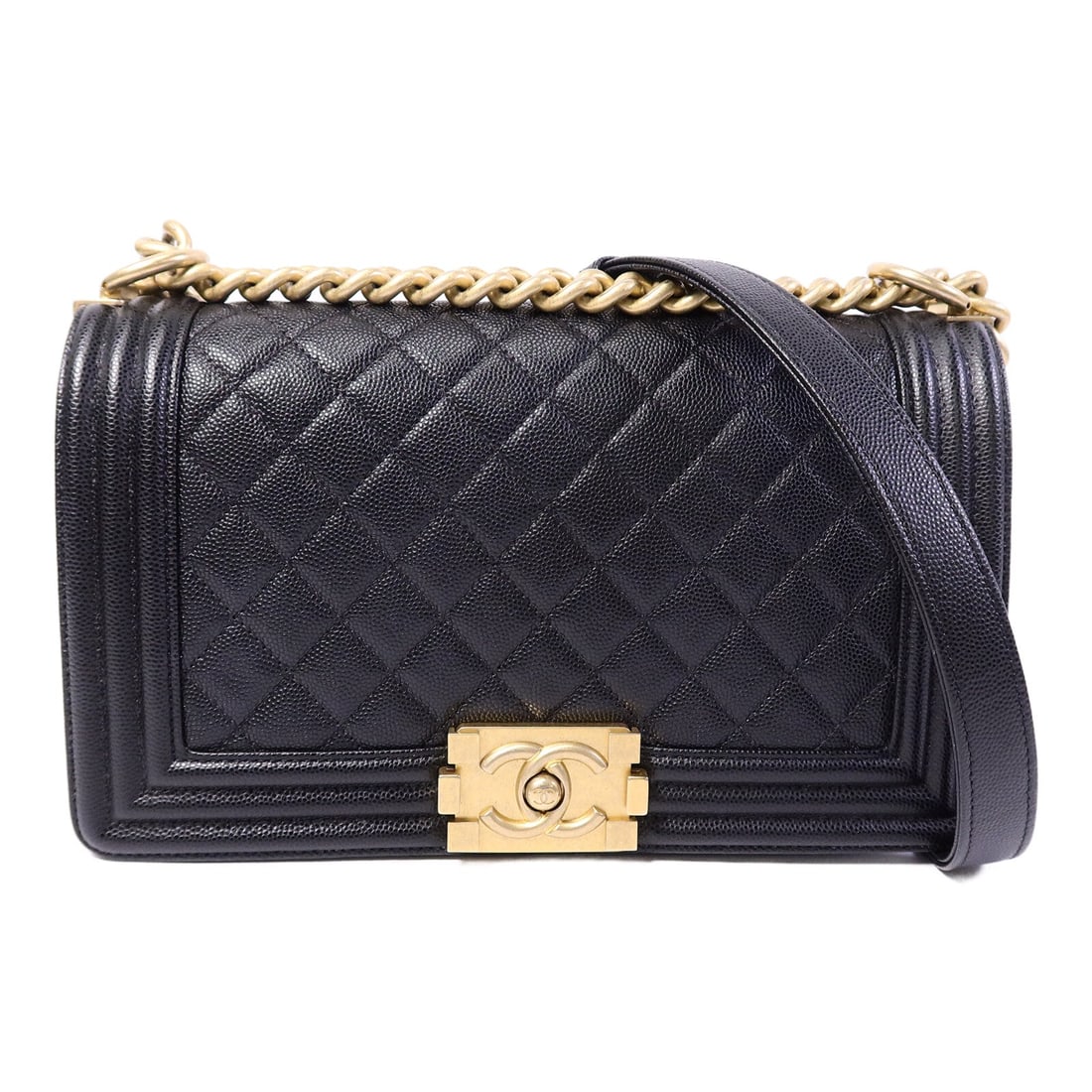 Chanel Boy 25 Black: Black calfskin Boy 25 chain shoulder bag with gold-tone hardware.