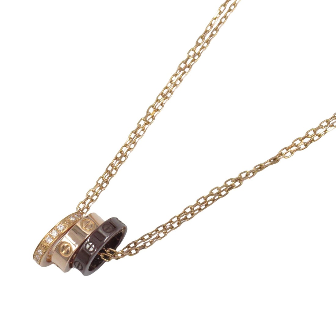Cartier Love Three Hoops Necklace: Love Three Hoops diamond necklace in K18 pink gold with ceramic.