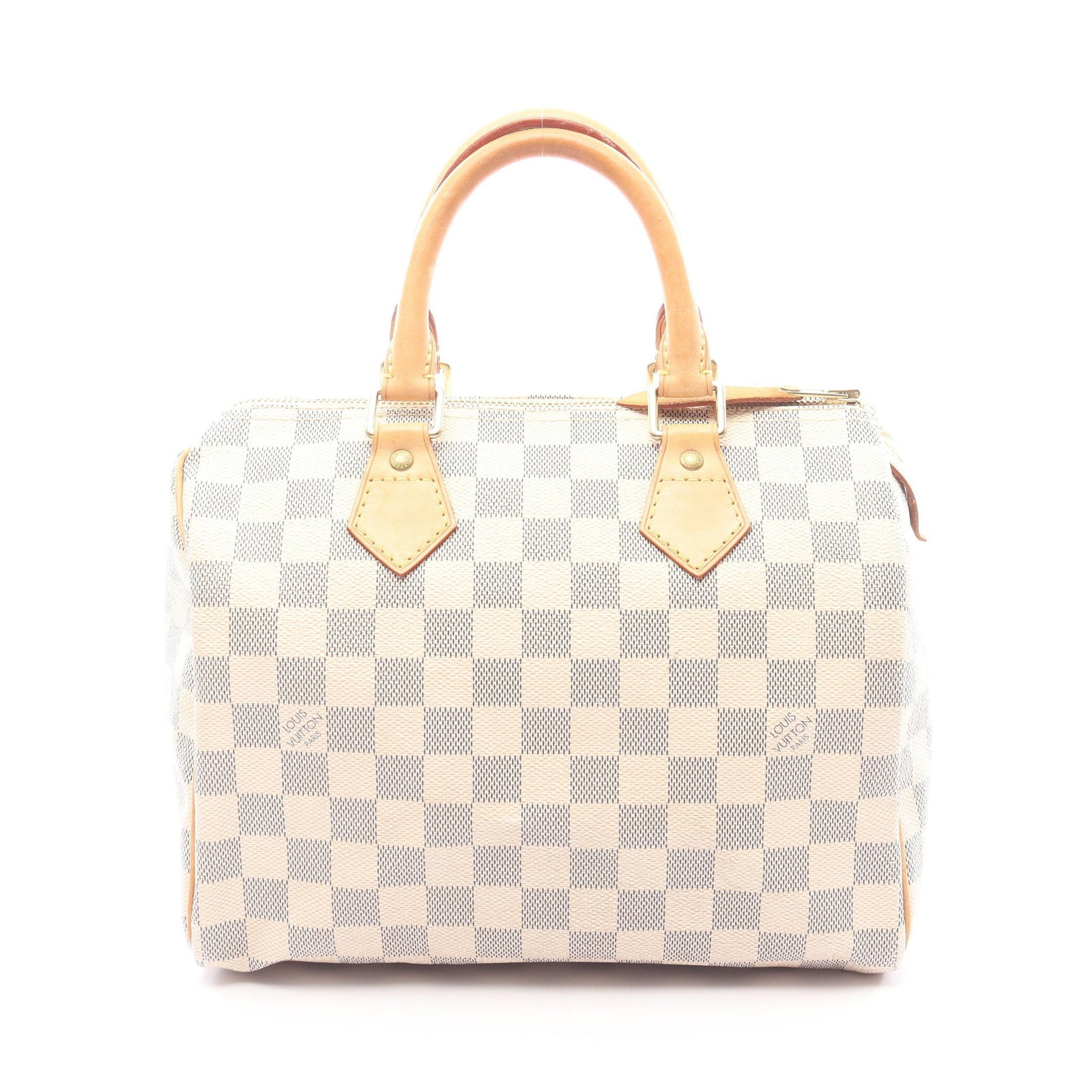 Louis Vuitton Speedy 25 Azur: Speedy 25 handbag in white Damier Azur canvas. Size 25 x 21 x 14 cm.