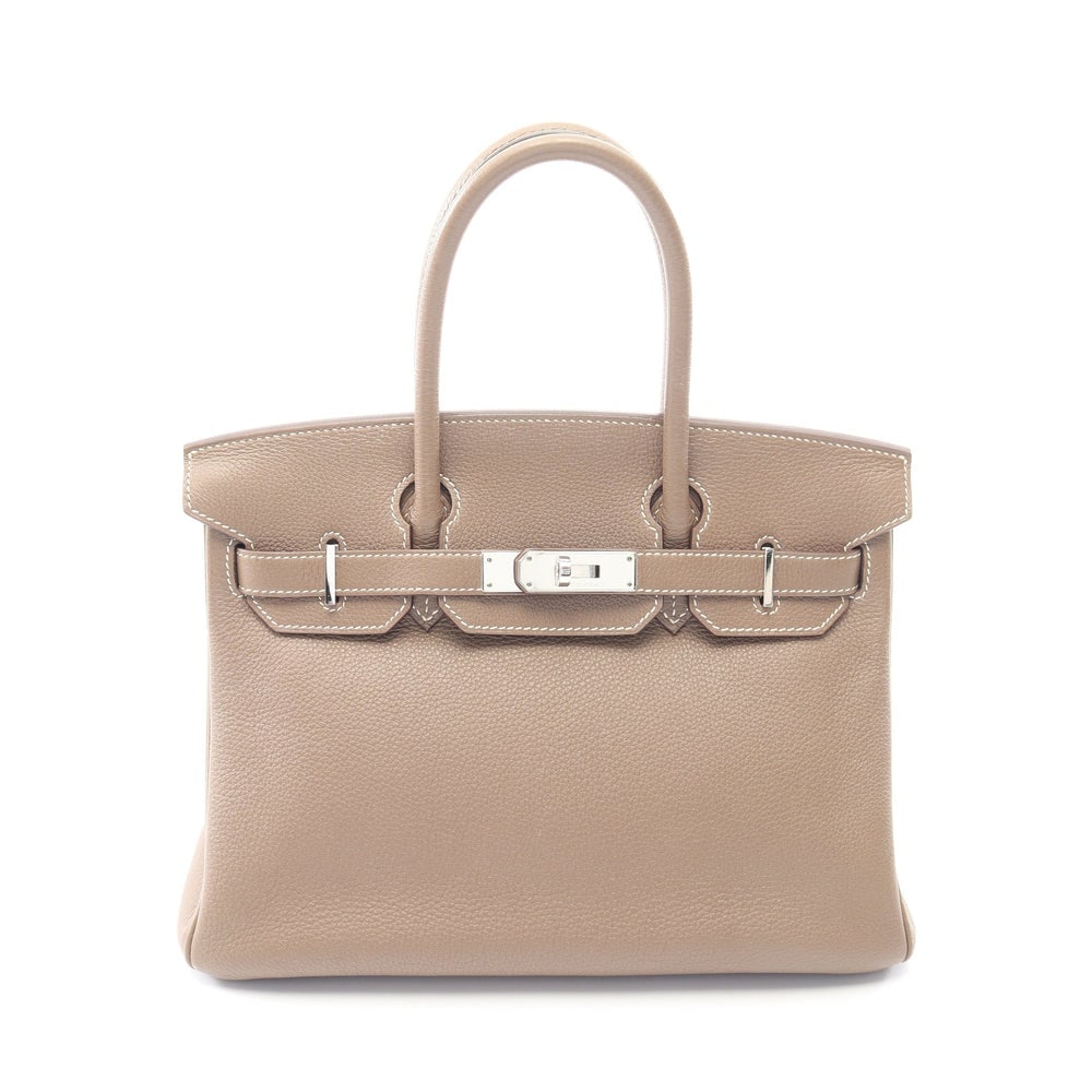 Hermes Birkin 30 Etoupe: Gray beige Clemence leather handbag with silver-tone hardware.