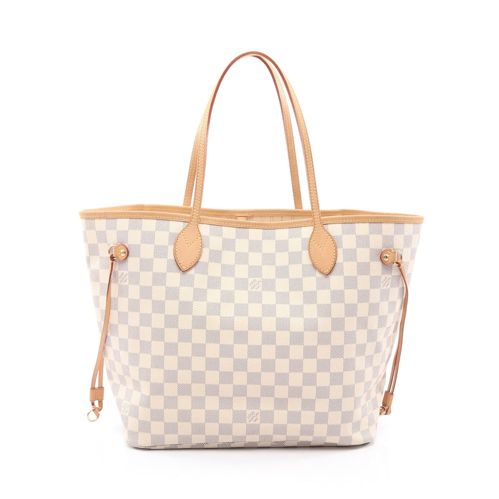 LV Neverfull MM Damier Azur: Damier Azur shoulder tote in white PVC and leather. Size 46 x 29 x 15 cm. Strap 51 cm.