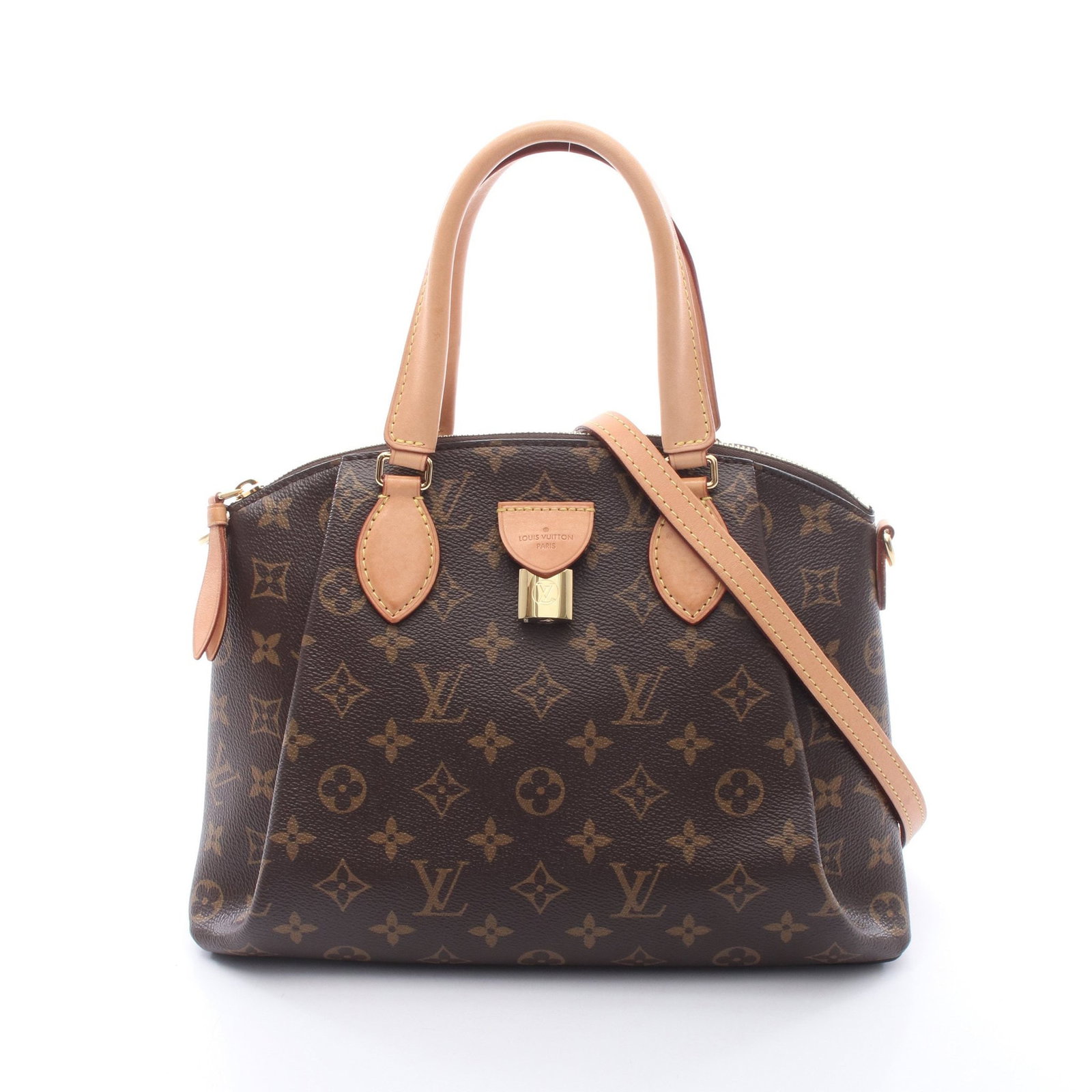 LV Rivoli PM Monogram 2 Way: Rivoli PM 2 way handbag in brown Monogram canvas. Includes shoulder strap, padlock, and 2 keys. Size 30 x 22 x 11 cm.