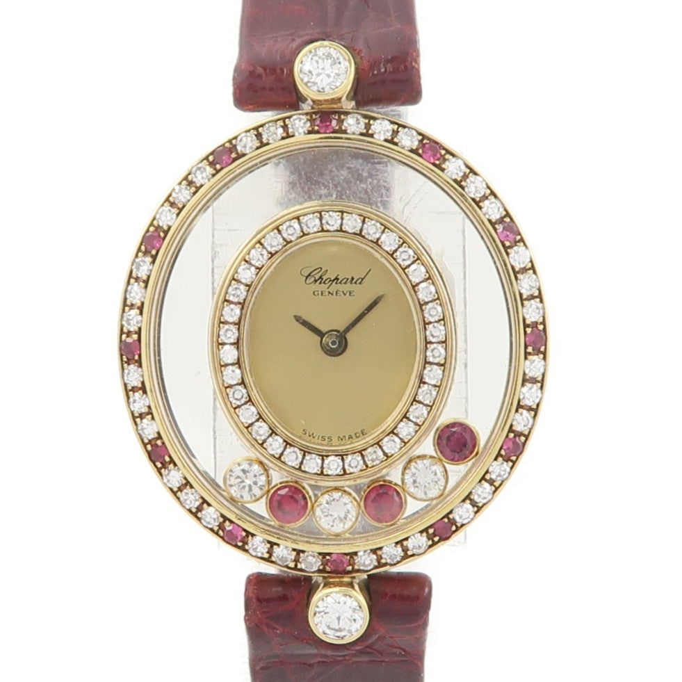 Chopard Happy Diamond 20/4457 Quartz: Quartz Happy Diamond 20/4457-21 in 18K yellow gold with leather belt, diamond and ruby. Case 24mm, wrist 12-16.5cm, band 10mm. Includes guarantee.