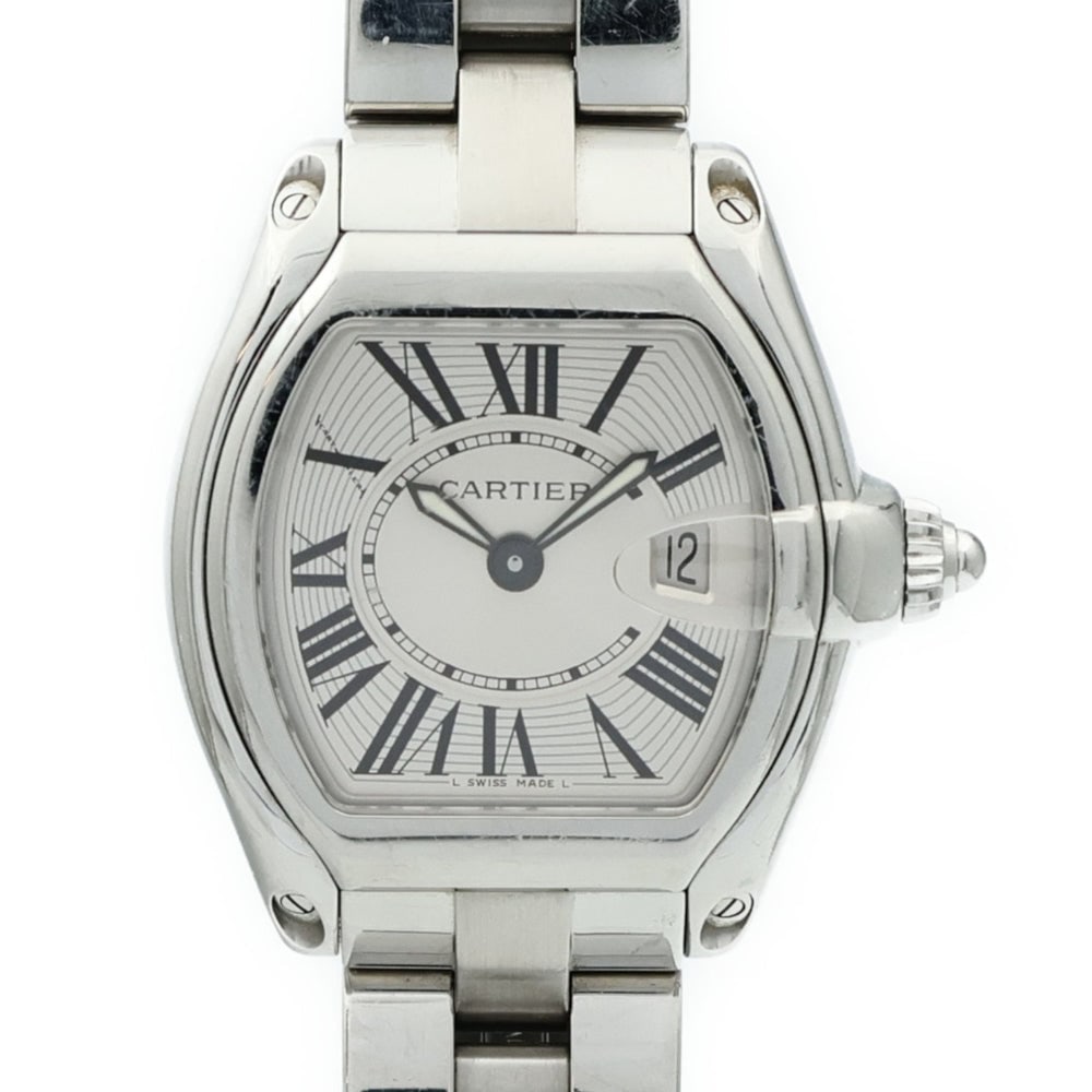 Cartier Roadster W62016V3 Quartz Silver: Quartz Roadster W62016V3 in stainless steel with silver dial. Case 36x31mm, max wrist 14cm, band 15-16mm.