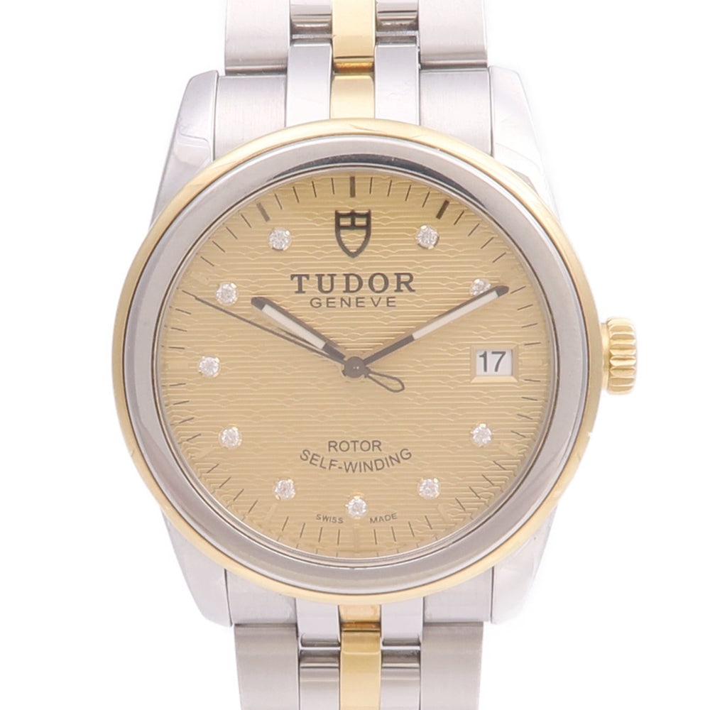 Tudor Glamour Date 55003 Auto Diamond: Automatic Glamour Date 55003 in stainless steel, 18K yellow gold and diamond details. Case 36mm, max wrist 18cm, band 16-19mm. Includes guarantee and piece.