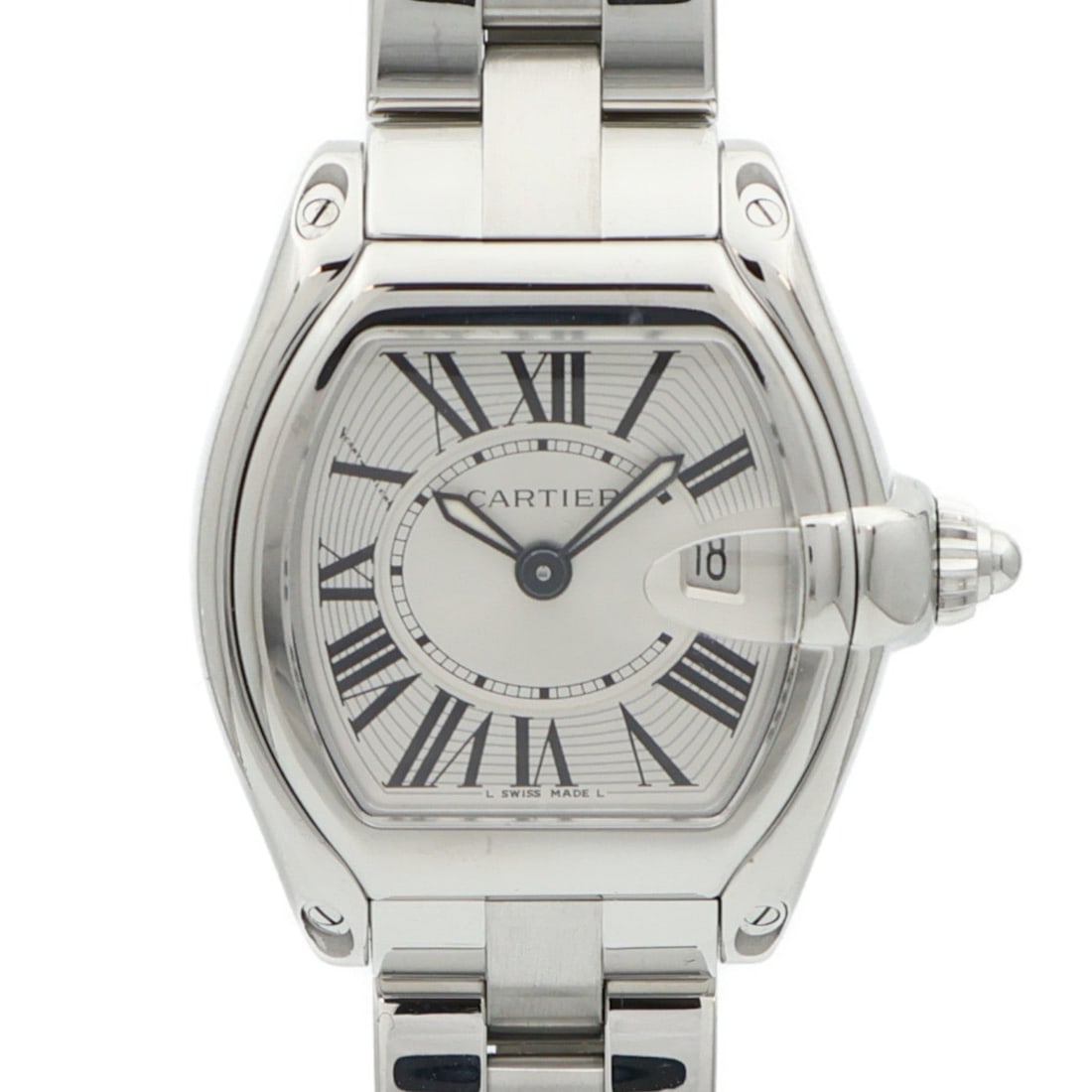 Cartier Roadster W62016V3 Quartz Silver: Quartz Roadster W62016V3 in stainless steel with silver dial. Case 37x32mm. Max wrist 14.5cm. Band width 15.5mm.