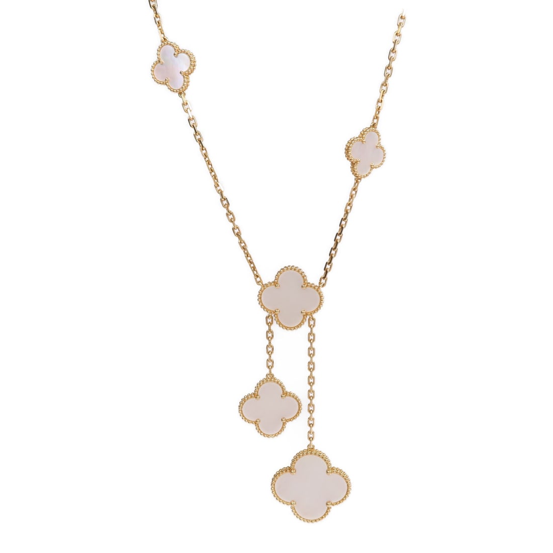 VCA Magic Alhambra 6 Motifs Necklace: Magic Alhambra 6 Motifs VCARD79100 necklace in 18K yellow gold and mother of pearl.