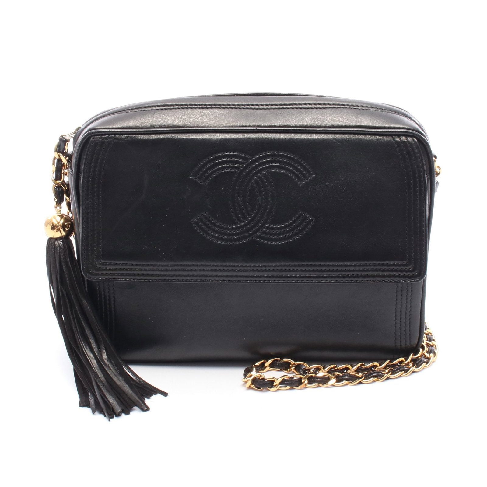 Chanel Coco Mark Chain Black: Black lambskin Coco Mark chain shoulder bag with gold hardware; includes guarantee card and serial seal; 22.5 x 17 x 6 cm.