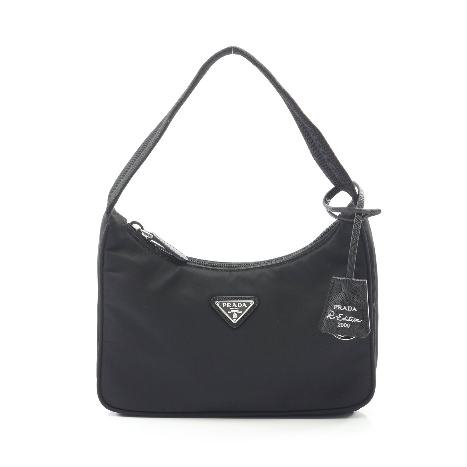 Prada Re-Edition 2000 Black: Re-Edition 2000 mini bag 1NE515 in black nylon; includes crochet with key ring; 22 x 12 x 6 cm.