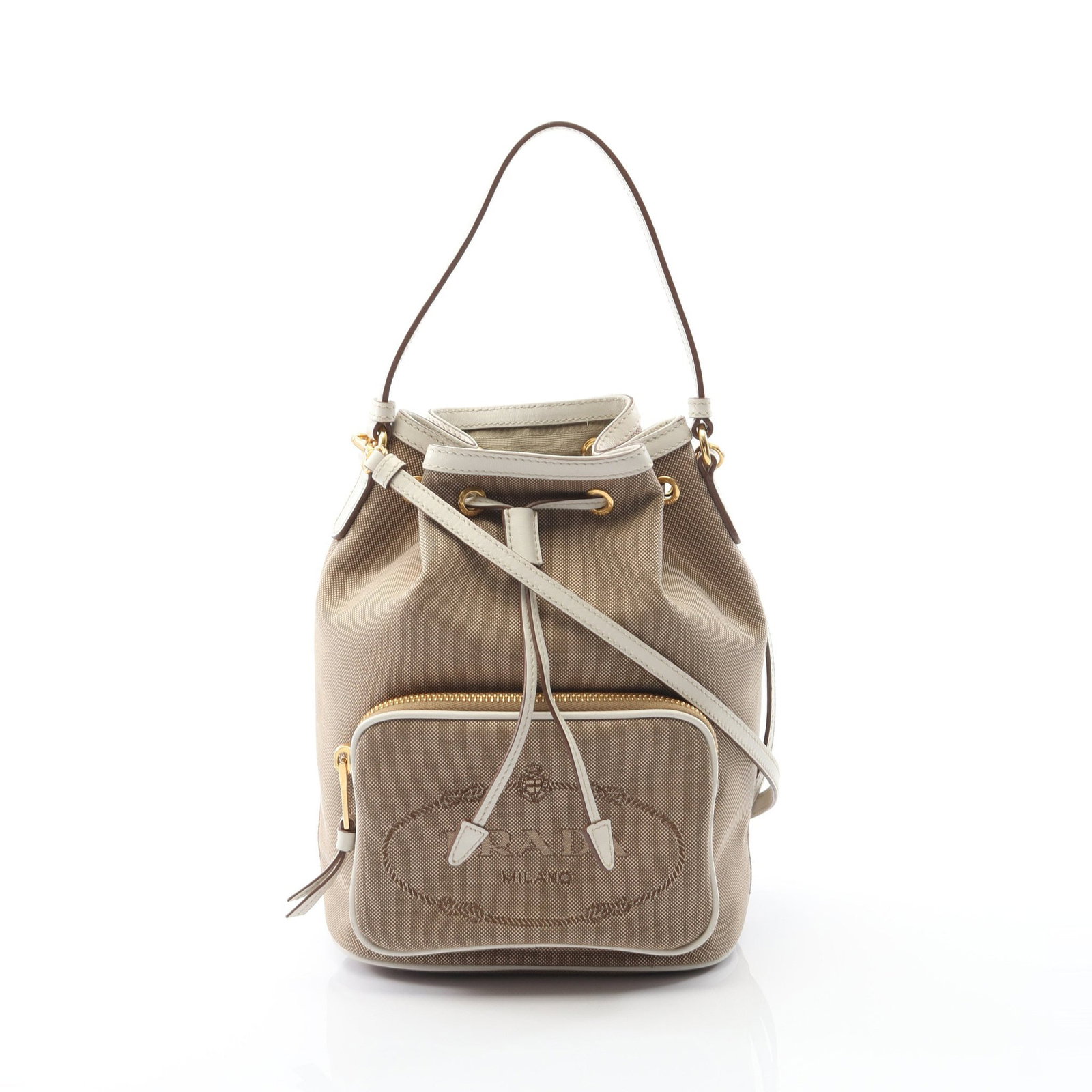 Prada Glace Calf 2Way Beige: Beige and white Glace Calf 2 way handbag 1BH038 in canvas and leather with shoulder strap; 18 x 23 x 11 cm.