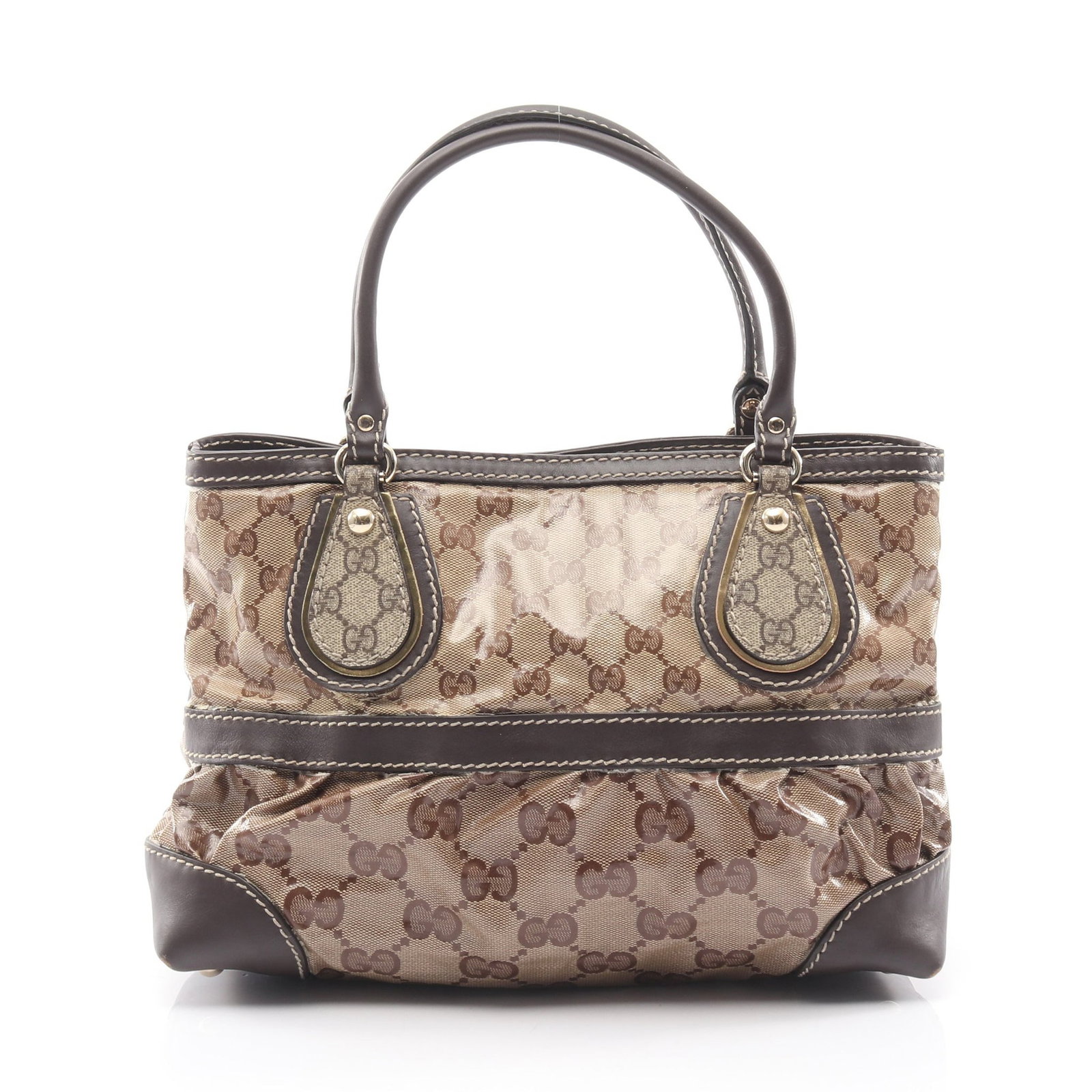 Gucci GG Crystal Tote Beige Brown: Beige and brown GG Crystal tote in coated canvas and leather, model 223964; 33 x 23 x 13.5 cm.