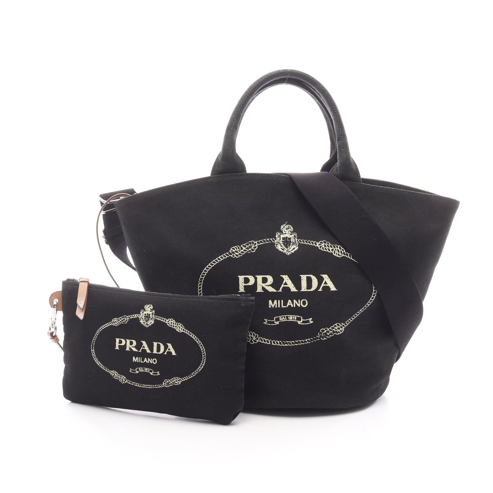 Prada Canapa 2Way Handbag Black: Black Canapa 2 way handbag in canvas with shoulder strap and pouch; 47 x 30 x 18.5 cm.
