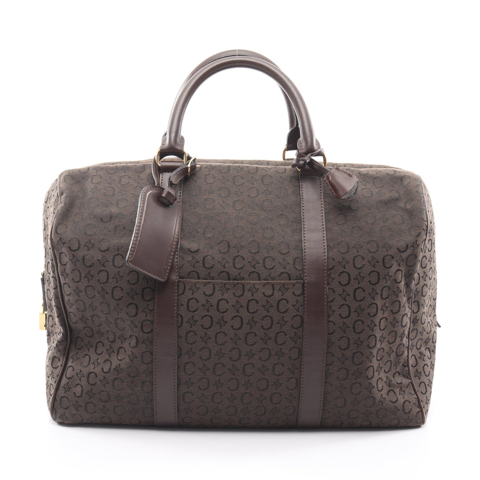 Celine C Salkey Boston Dark Brown: Dark brown C Salkey Boston bag in canvas and leather; includes padlock, key, crochet, and name tag; 39 x 28 x 20 cm.