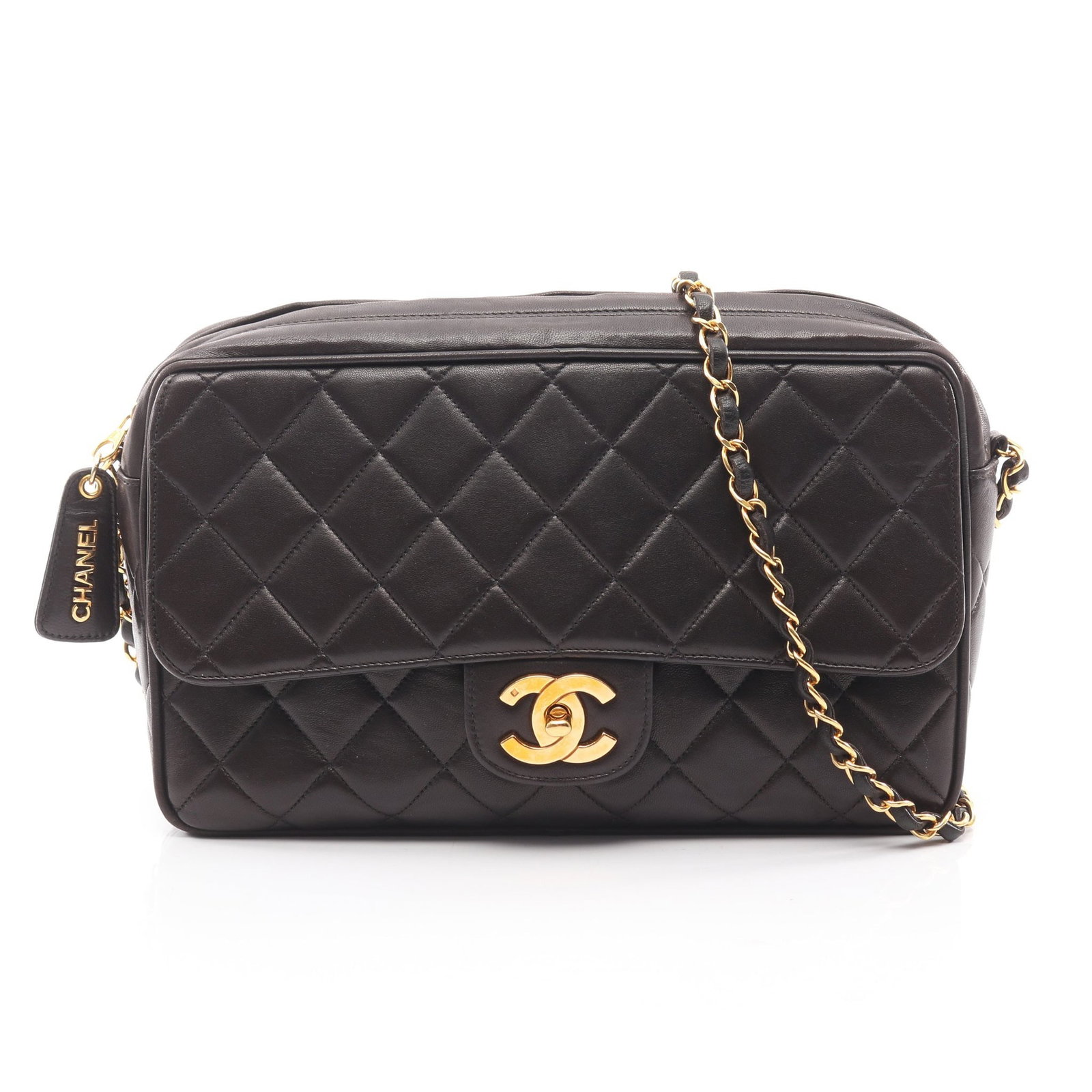 Chanel Matelasse Chain Bag Black: Black lambskin Matelasse chain shoulder bag with gold hardware; includes guarantee card and serial seal; 27 x 18 x 7 cm.