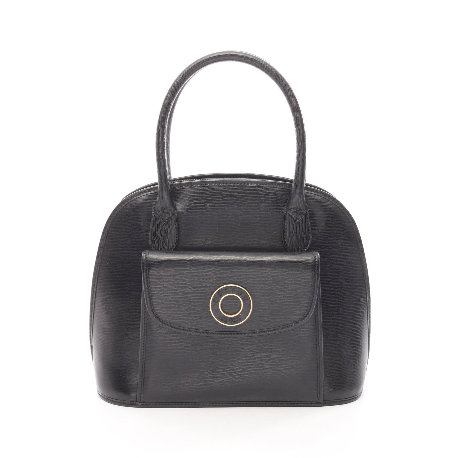 Celine Circle Logo Handbag Black: Black Circle Logo handbag in leather; includes mirror; 29.5 x 23.5 x 11 cm.