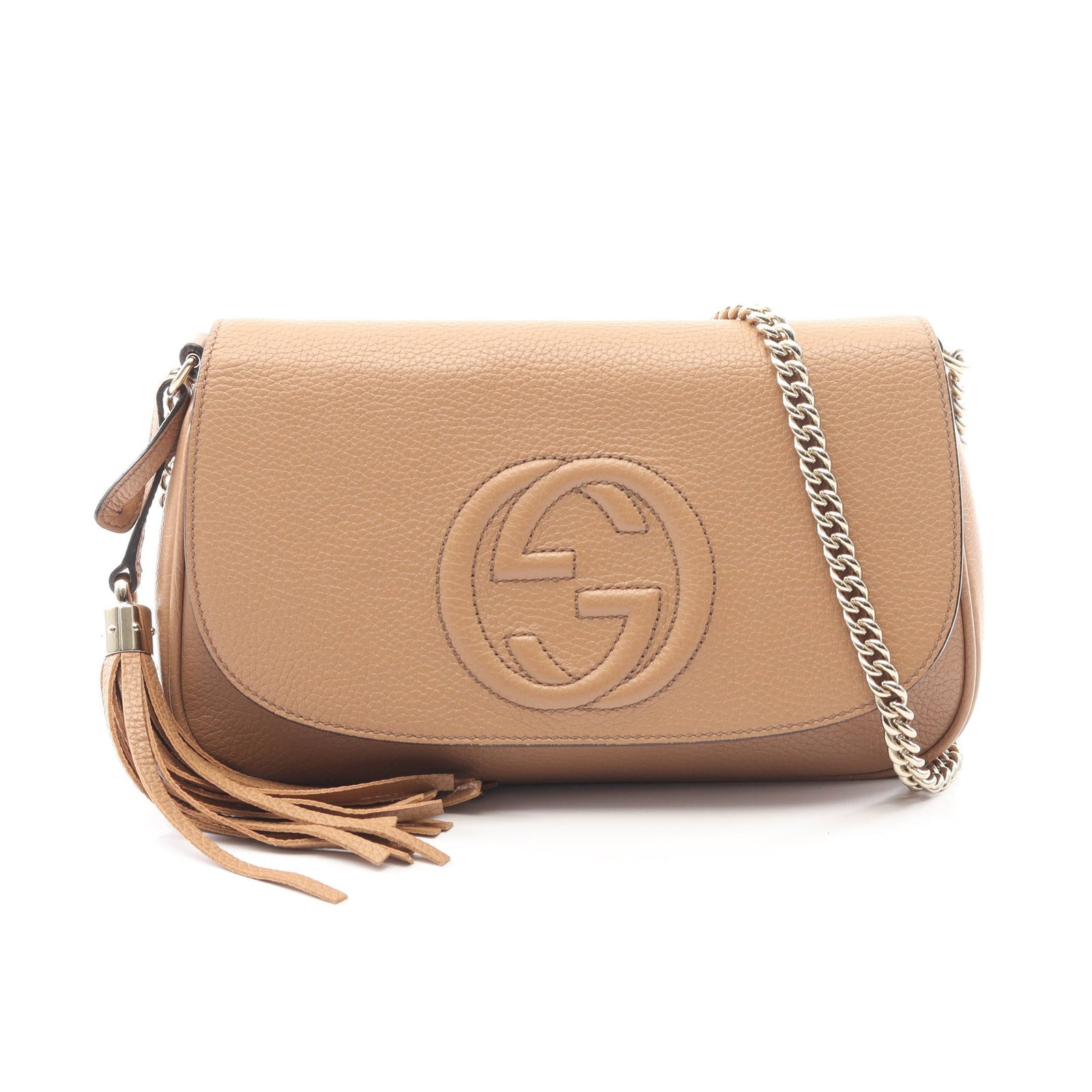 Gucci Soho Chain Shoulder Bag Tan: Light brown Soho Interlocking G chain shoulder bag 536224 in leather; includes tassel charm; 27 x 16 x 5 cm.