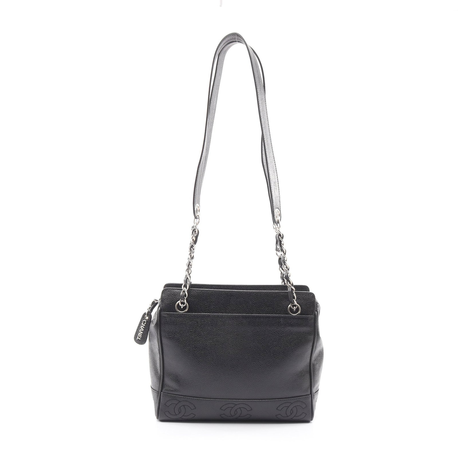Chanel Triple Coco Chain Black: Triple Coco Mark chain shoulder bag in black caviar skin with silver hardware; includes guarantee card and serial seal; 25 x 22 x 9 cm.