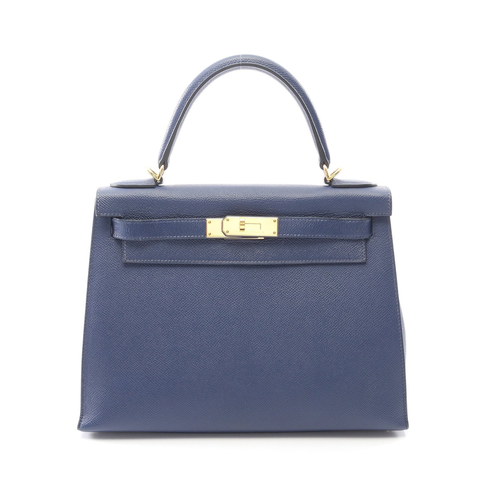 Hermes Kelly 28 Dark Blue: Kelly 28 outside sewing 2 way handbag in dark blue Veau Epsom with gold hardware; includes shoulder strap, 2 keys, crochet, and padlock; 28 x 21 x 11 cm.