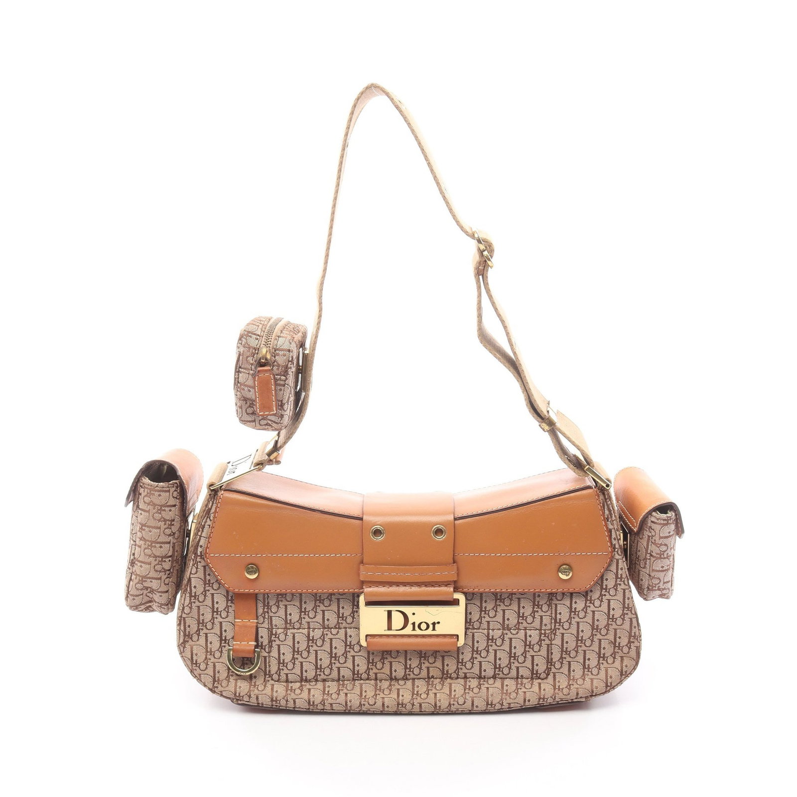 Dior Street Chic Trotter Beige: Street Chic Trotter one shoulder bag in beige and light brown canvas with leather trim; includes 3 pouches; 29 x 13 x 11 cm.