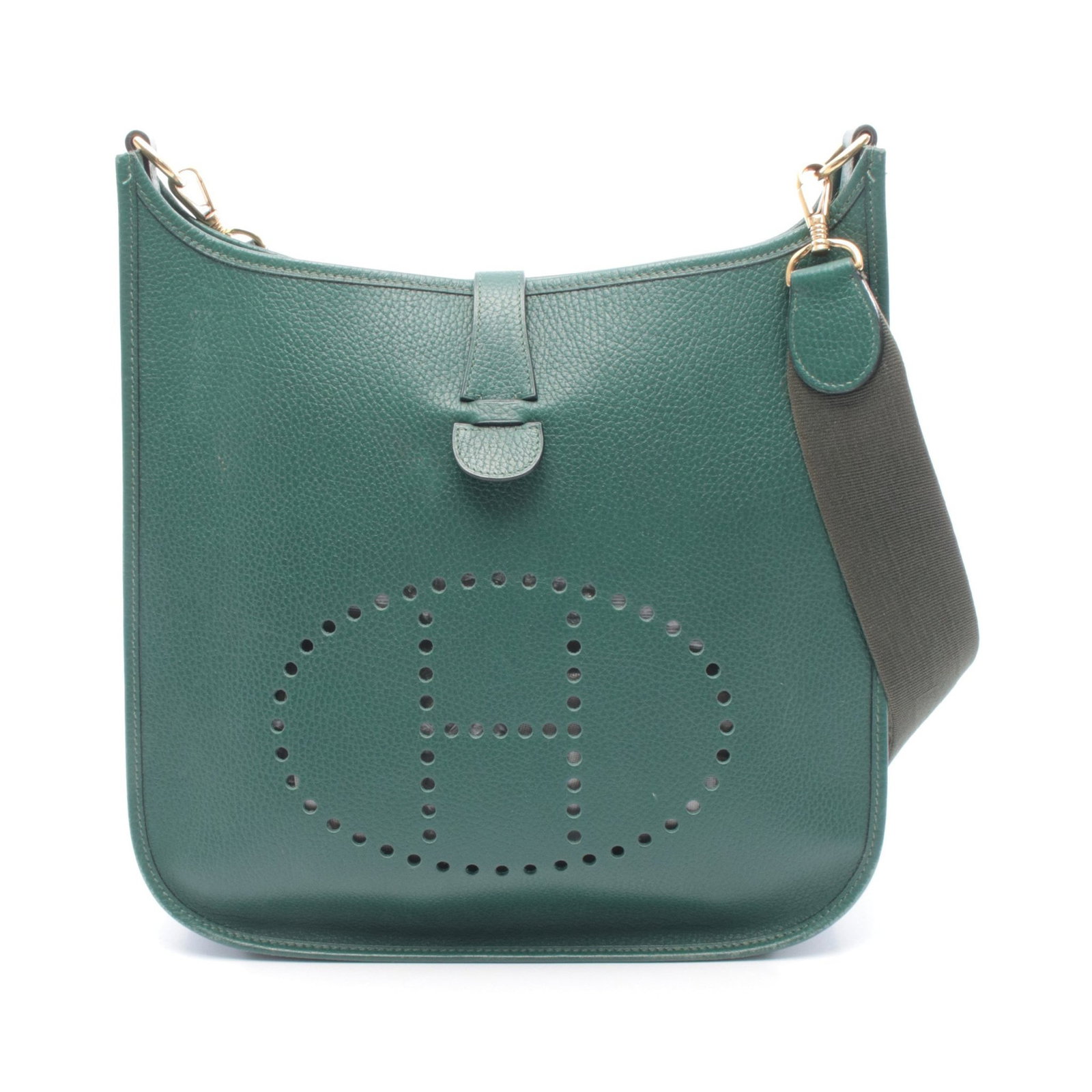 Hermes Evelyne I GM Green: Evelyne I Ann GM shoulder bag in green Courchevel leather with gold hardware; 31 x 31 x 7 cm.