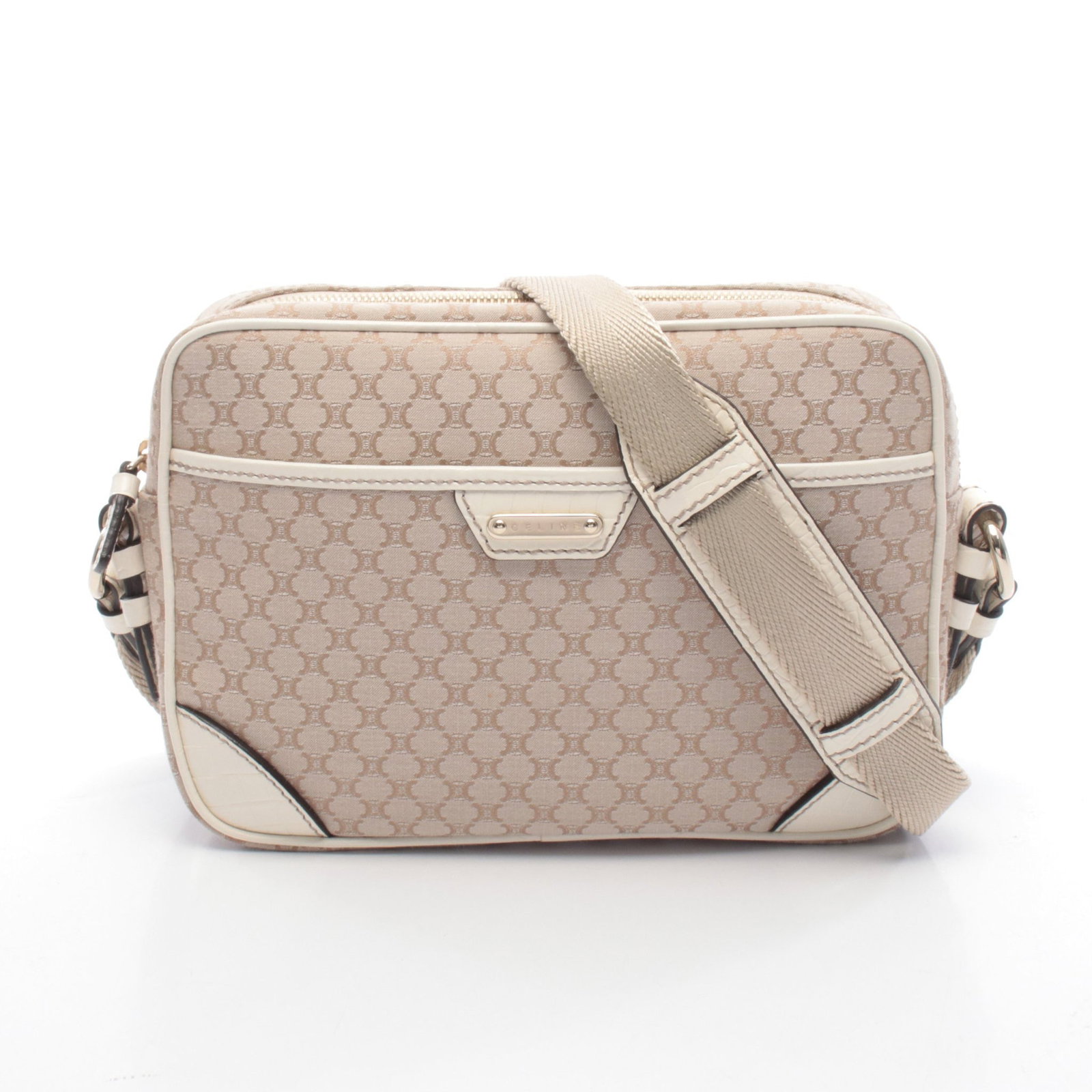 Celine Macadam Shoulder Bag Beige: Beige and white Macadam shoulder bag in canvas and leather; 24.5 x 17.5 x 6 cm.