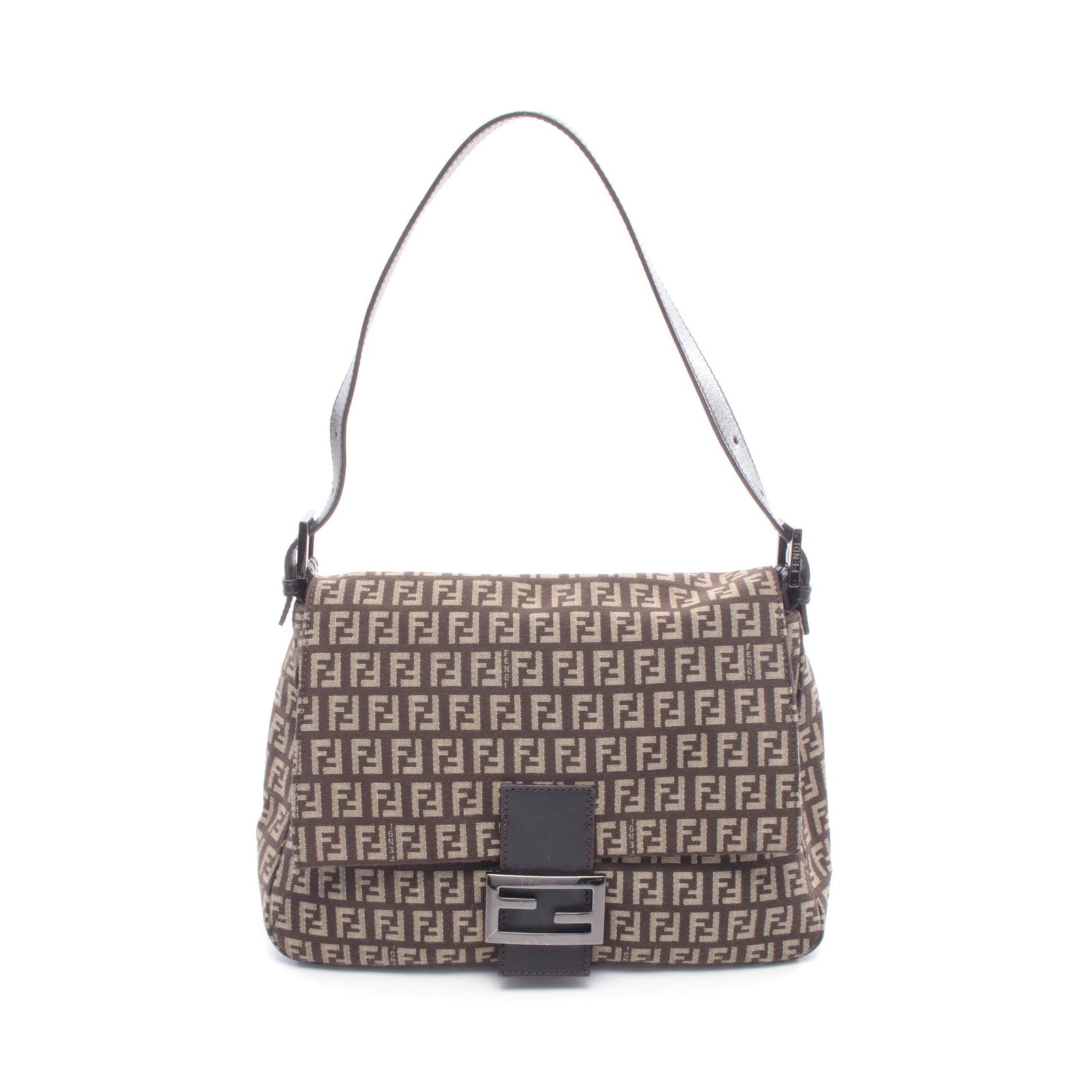 Fendi Mamma Baguette Brown: Mamma bucket Zucchino one shoulder bag 8BR001 in dark brown and beige canvas with leather trim; 29 x 21 x 11 cm.