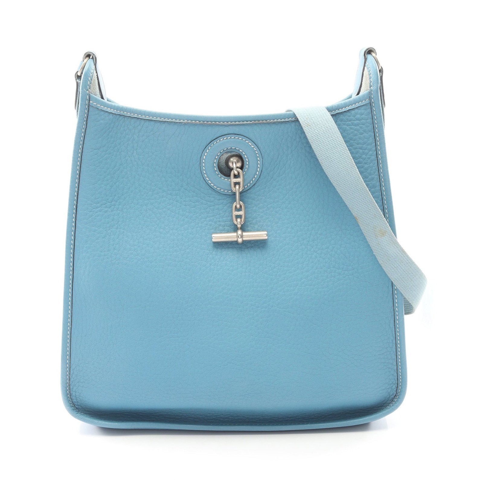 Hermes Vespa PM Blue Jean: Vespa PM shoulder bag in Blue Jean Clemence leather with silver hardware; 28.5 x 28 x 7 cm.