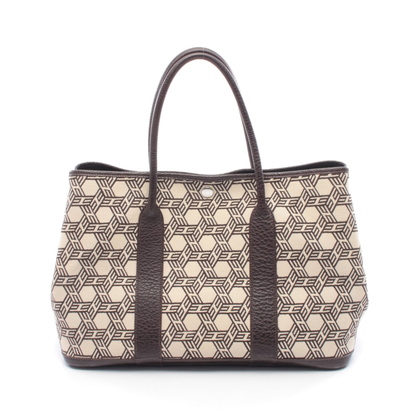 Hermes Garden Party PM Beige: Garden Party PM tote in beige and dark brown Toile and leather with silver hardware; 36 x 25 x 17 cm.