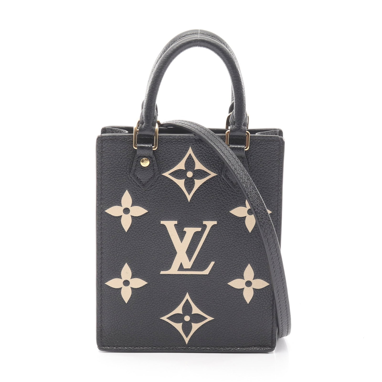 Louis Vuitton Petite Sac Plat: Petite Sac Plat 2 way handbag M81416 in black and beige bicolor leather; includes shoulder strap; 14 x 17 x 5 cm.
