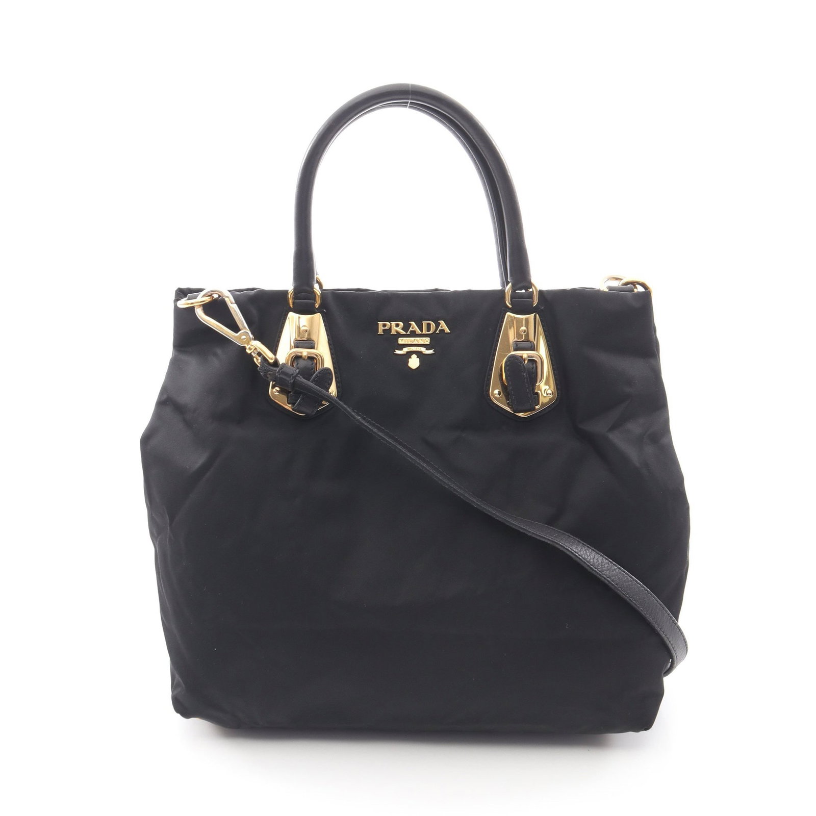 Prada 2Way Tote Black: Black 2 way tote BN1615 in nylon and leather with shoulder strap; 27 x 25 x 12 cm.