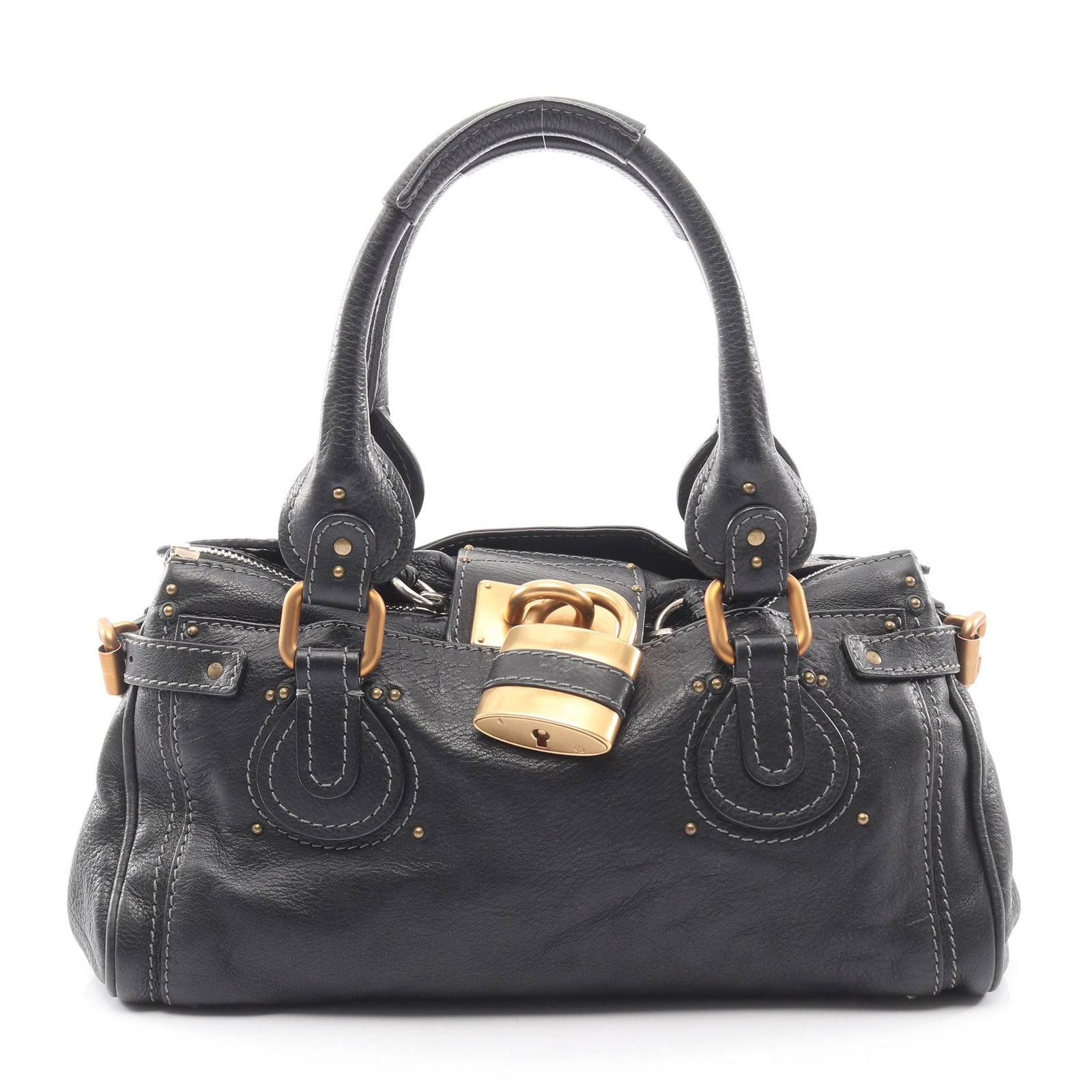 Chloe Paddington Handbag Black: Paddington handbag in black leather; includes padlock and key; 36 x 19 x 20 cm.