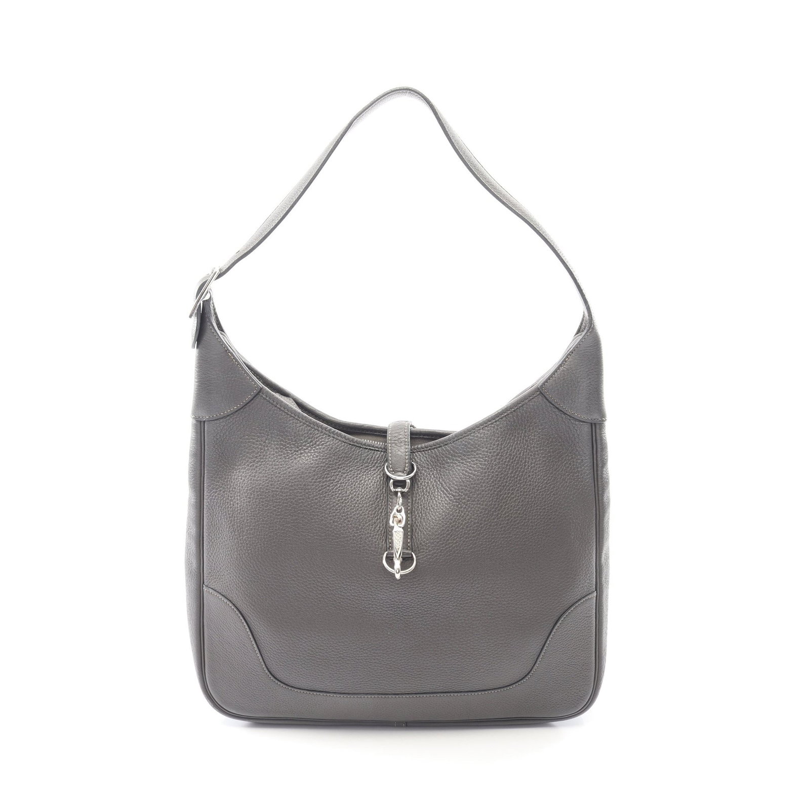 Hermes Trim 35 Graphite Gray: Trim 35 one shoulder bag in graphite Clemence leather with silver hardware; 34 x 26.5 x 7.5 cm.