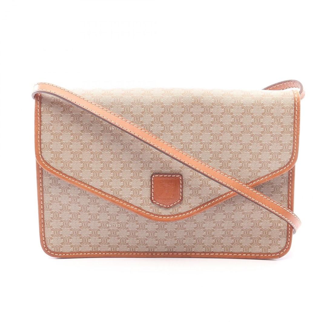Celine Macadam Shoulder Bag Beige Brown: Beige and brown Macadam shoulder bag in PVC and leather; 26 x 17 x 4.5 cm.
