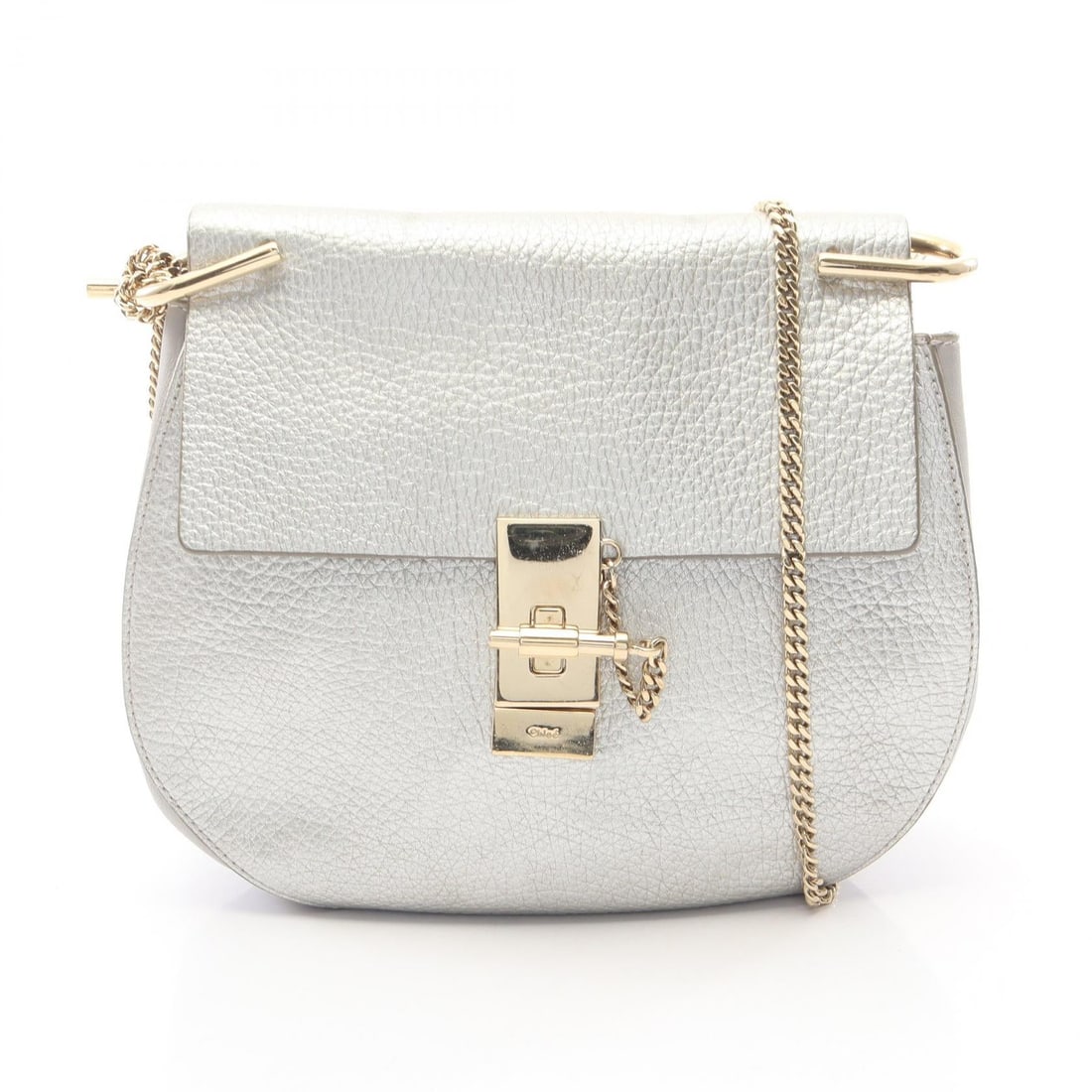 Chloe Drew Chain Shoulder Bag Silver: Silver leather Drew chain shoulder bag; 19 x 20 x 6 cm.