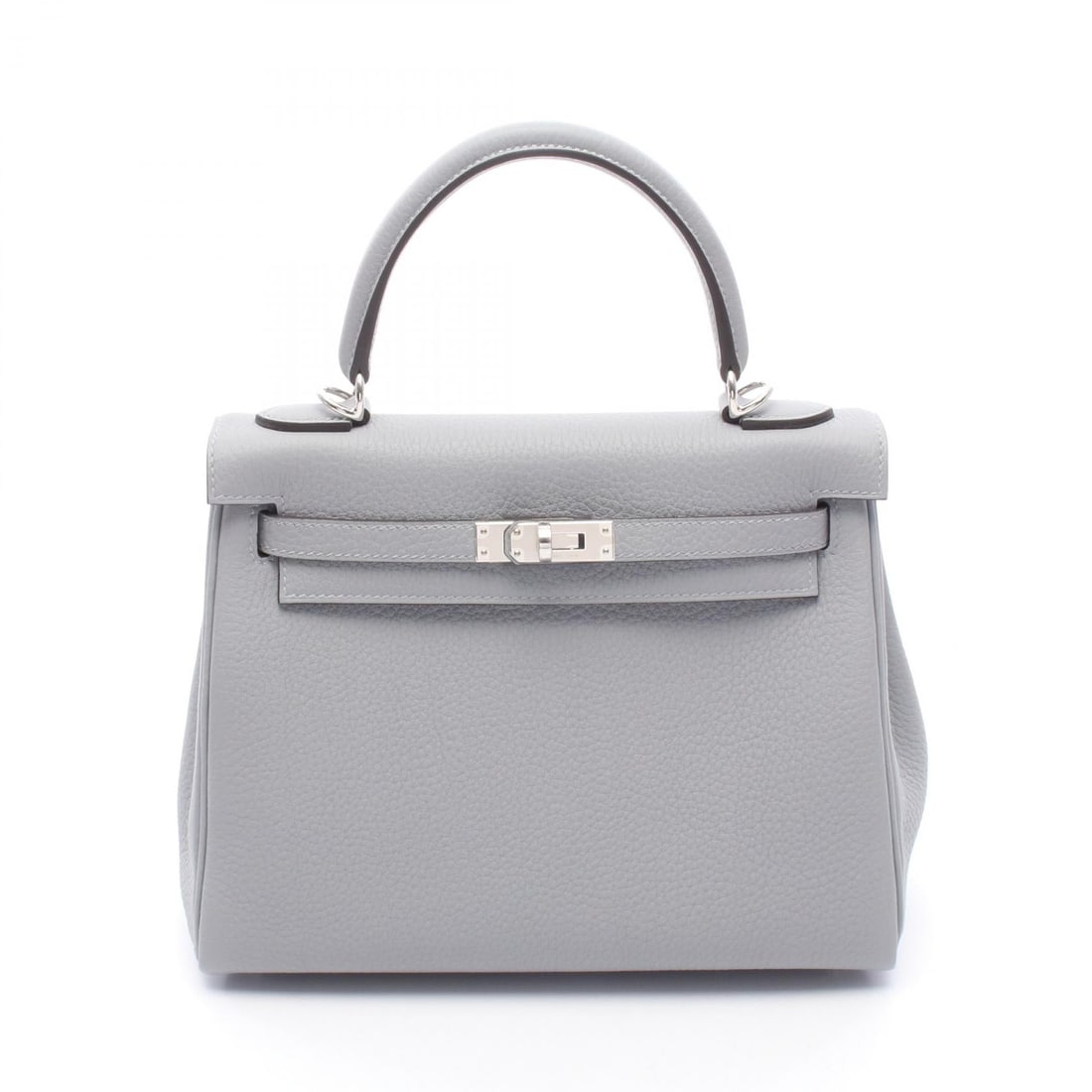 Hermes Kelly 25 Gray: Kelly 25 inner stitch 2 way handbag in gray Togo with silver hardware; includes shoulder strap, crochet, padlock, 2 keys, box, and storage bags; 24.5 x 19 x 9.5 cm.