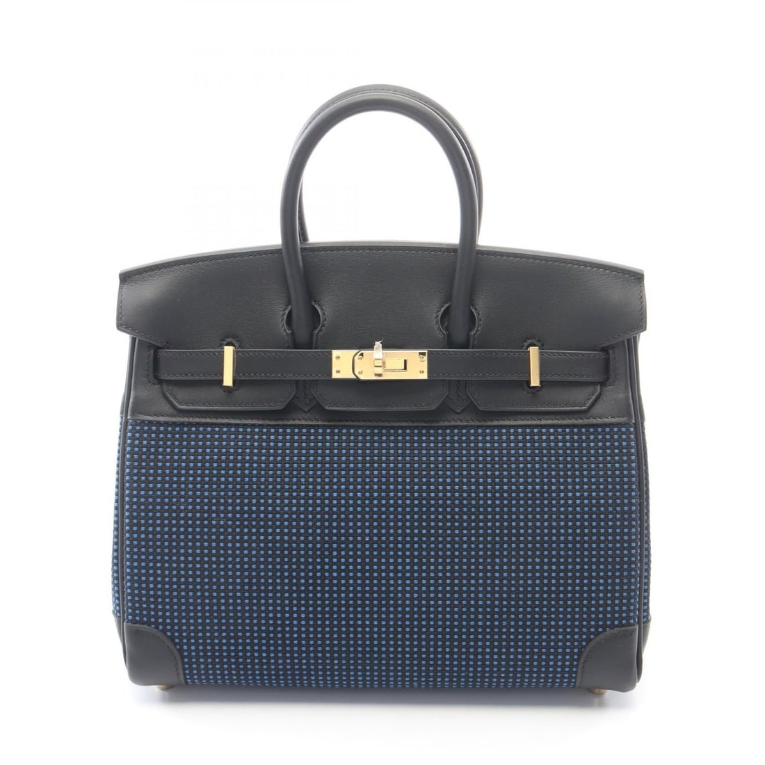 Hermes Birkin 25 Blue Edge: Birkin 25 handbag in blue and black Toile Quadrille and Veau Swift with gold hardware; includes 2 keys, crochet, and padlock; 25 x 20 x 13 cm.