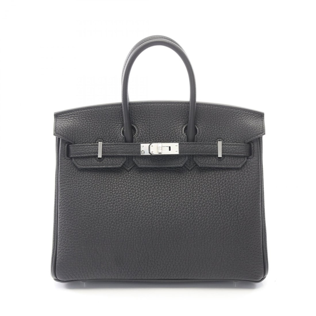 Hermes Birkin 25 Black: Birkin 25 handbag in black Togo with silver hardware; includes box, storage bags, 2 keys, crochet, and padlock; 25 x 20 x 13 cm.