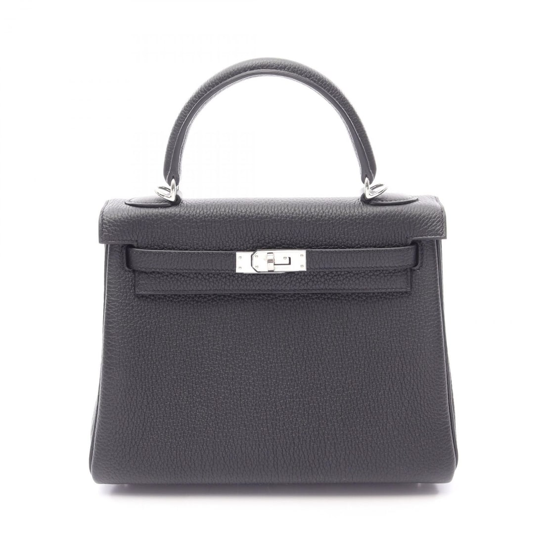 Hermes Kelly 25 Black Togo: Kelly 25 inner stitch 2 way handbag in black Togo with silver hardware; includes shoulder strap, 2 keys, padlock, crochet, storage bags, and box; 24.5 x 19 x 9.5 cm.