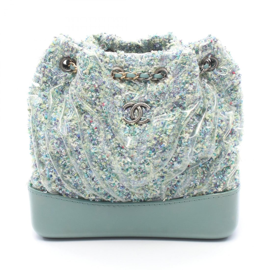 Chanel Gabrielle Small Backpack: Emerald green multicolor Gabrielle small backpack in tweed, vinyl, and leather with mixed hardware; includes serial seal; 22 x 21 x 9 cm.
