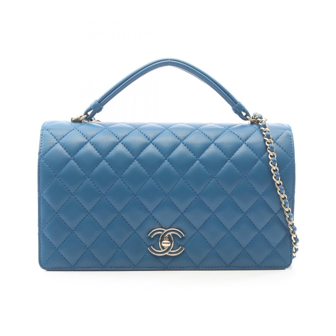 Chanel Top Handle 2Way Blue: Blue lambskin Matelasse top handle 2 way chain shoulder bag with gold hardware; includes guarantee card and serial seal; 25 x 13 x 2 cm.
