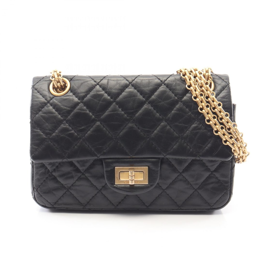 Chanel 2.55 Mini W Chain Black: Black leather 2.55 Mini Matelasse double chain shoulder bag AS0874 with gold hardware; includes serial seal and guarantee card; 20 x 13 x 7.5 cm.