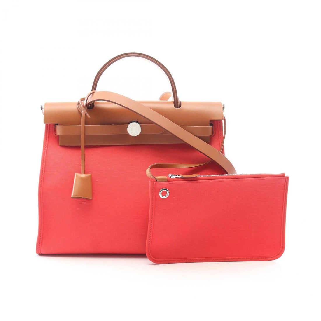Hermes Herbag Zip PM Pink: Herbag Zip PM Rose Extreme 2 way handbag in coral pink Toile Officier and Vache Hunter leather with silver hardware; includes shoulder strap, pouch, 2 keys, crochet, padlock, and stopper; 31 x 24 x