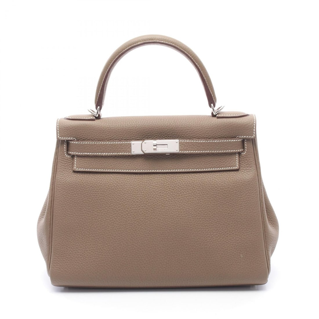Hermes Kelly 28 Etoupe: Kelly 28 inner stitch 2 way handbag in Etoupe Togo with silver hardware; includes shoulder strap, crochet, padlock, and 2 keys; 28 x 21 x 11 cm.
