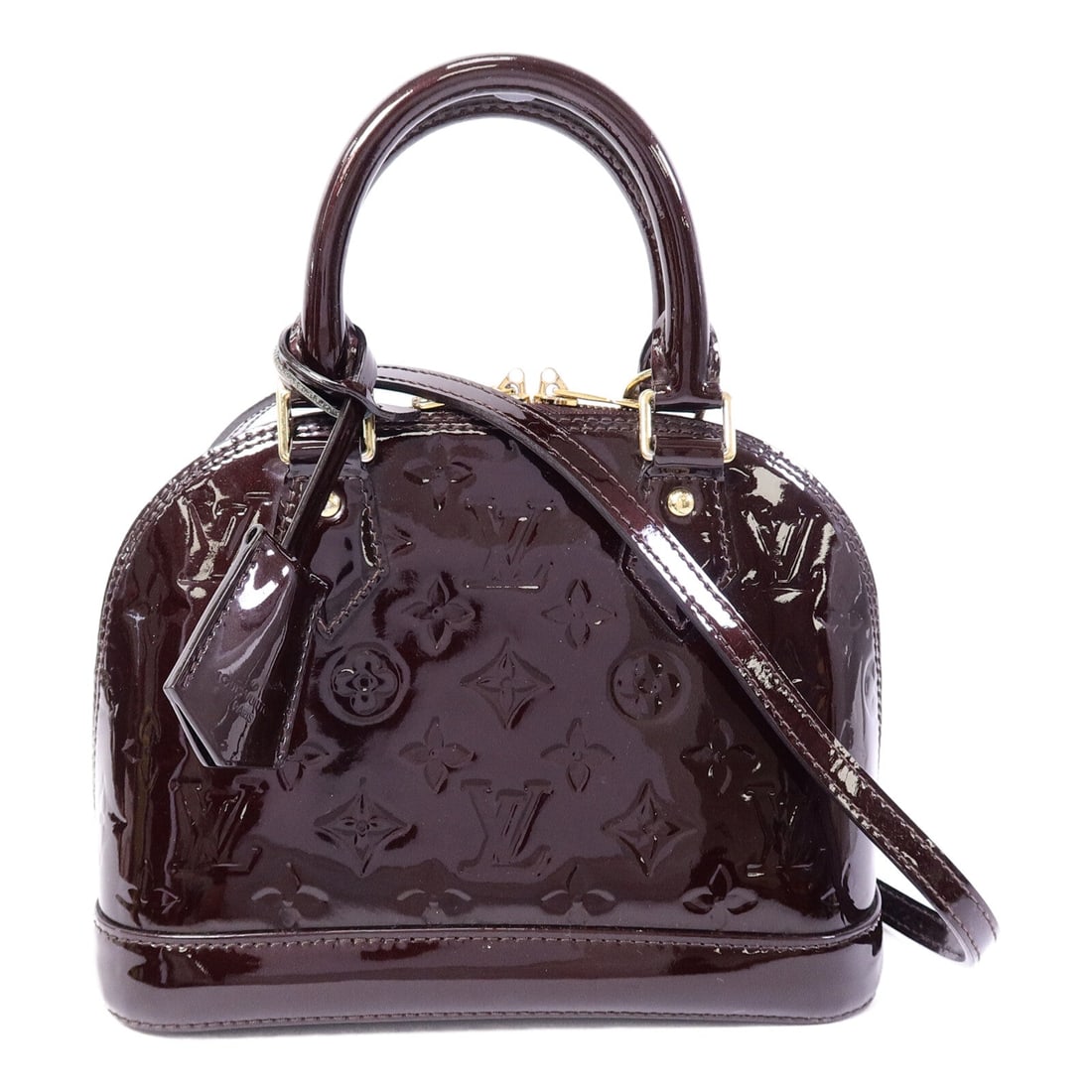 Louis Vuitton Alma BB Vernis Red: Alma BB 2 way shoulder bag M91678 in burgundy Monogram Vernis patent leather with gold hardware; includes shoulder strap and clochette; 23.5 x 17.5 x 11.5 cm.