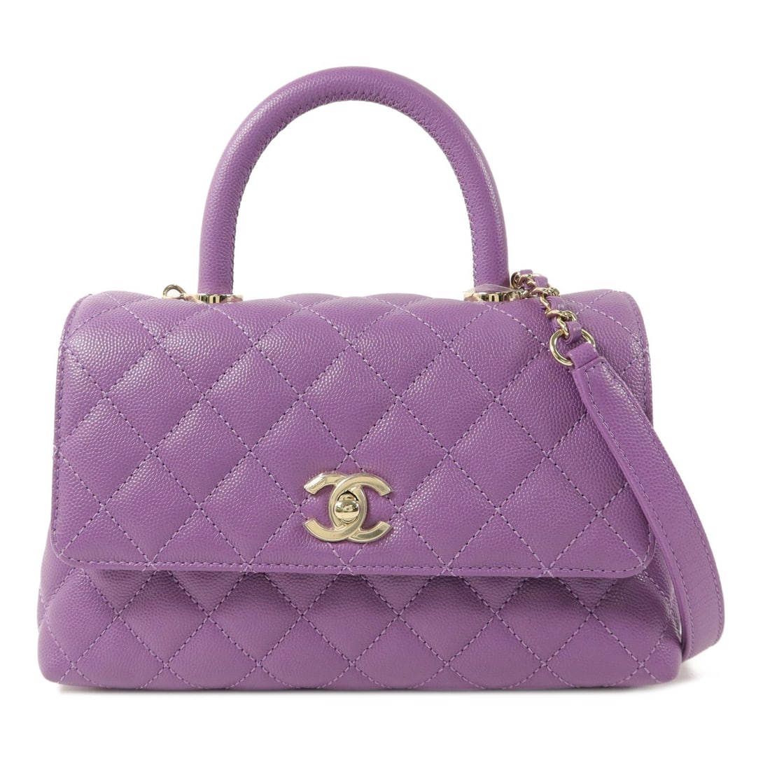 Chanel Coco Handle Small Purple: Coco Handle Small 2 way shoulder bag in purple calfskin with gold hardware; includes hologram sticker and shoulder strap; 22 x 14 x 9.5 cm.