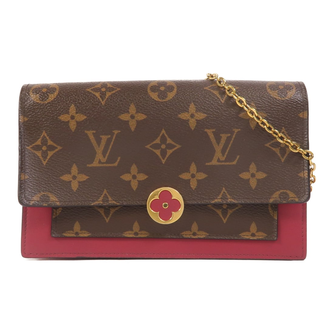 Louis Vuitton Flore Chain Bag: Portefeuille Flore chain shoulder bag M69578 in brown and red Monogram coated canvas with gold hardware; includes shoulder strap; 19 x 12.5 x 4 cm.