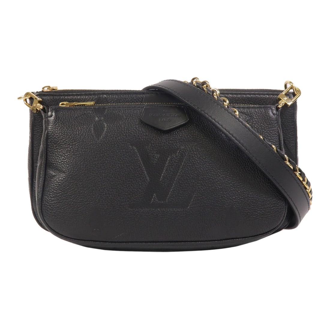 Louis Vuitton Multi Pochette Black: Multi Pochette Accessoires M80399 in black Monogram Empreinte calfskin with gold hardware; includes storage bags and shoulder strap; 25 x 14.5 x 4.5 cm.