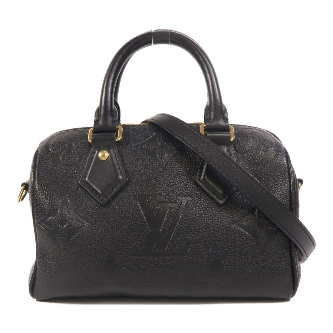 Louis Vuitton Speedy 20 Black: Speedy Bandouliere 20 2 way shoulder bag in black Monogram Empreinte leather with gold hardware; includes shoulder strap, key, and padlock; 20 x 16 x 11 cm.