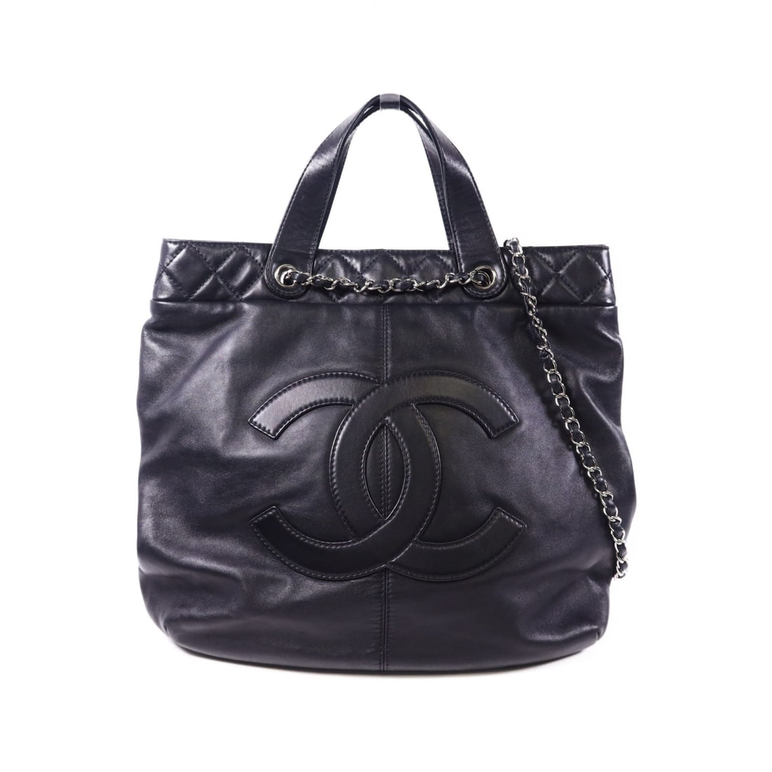 Chanel 2Way Shoulder Bag Black: Black lambskin 2 way shoulder bag with silver hardware; includes storage bags, hologram sticker, and guarantee; 33 x 32 x 11 cm.